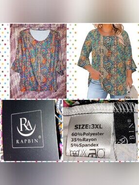 Rapbin Wht/Multiclr Multi Print 3/4 Ruffle Slv Pleated Knit Tunic Top 3XL(22/24)